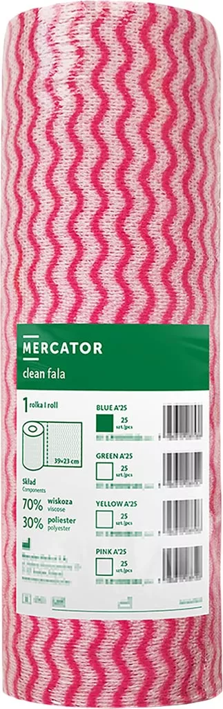 Czyściwo Clean Fala to rolka o wymiarach 23 cm x 5 m, z wzorem w czerwono-białe fale. Produkt składa się z 30% mikrowłókien i 70% celulozy, nadaje się do użytku na różnych powierzchniach.