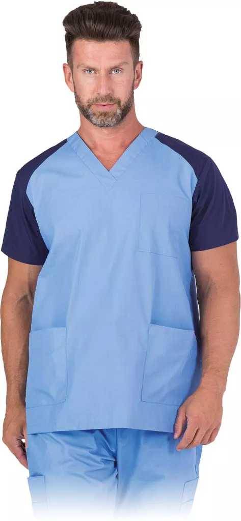 Męska bluza medyczna TUTTI w kolorze niebieskim z krótkim rękawem, ze ściągaczami na rękawach i dekoltem w szpic. Bluza ma dwie kieszenie, zapewnia komfort i swobodę ruchów.