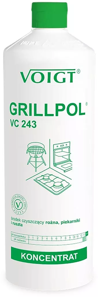 Środek czyszczący GRILLPOL VC 243 firmy Voigt, koncentrat do czyszczenia rożna, piekarników, rusztów i grilli. Usuwa mocne zabrudzenia, tłuszcz i przypalenia. Opakowanie o pojemności 1 litra.