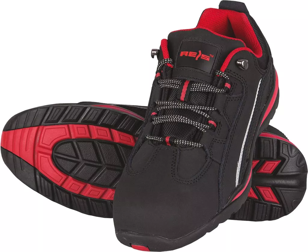 Buty robocze skórzane VAN SB z metalowym podnoskiem. Czarno-czerwone, z antypoślizgową podeszwą i sznurowadłami, przeznaczone do użytku ochronnego.