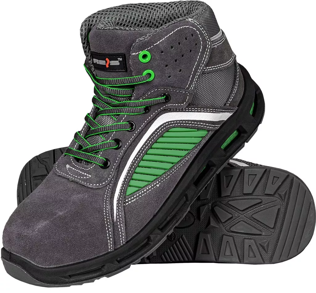 Buty robocze trzewiki skórzane z podnoskiem S1 stal, kolor zielony, model ATOMIC. Wykonane z wytrzymałych materiałów, posiadają podeszwę antypoślizgową i sznurowadła w kontrastowym zielonym kolorze.