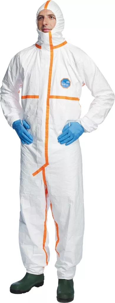 Lekki kombinezon ochronny TYVEK 800 J, biały, z włókniny TYVEK®, zintegrowany kaptur, pomarańczowe taśmy uszczelniające, zamek błyskawiczny z osłoną, elastyczne mankiety i nogawki.