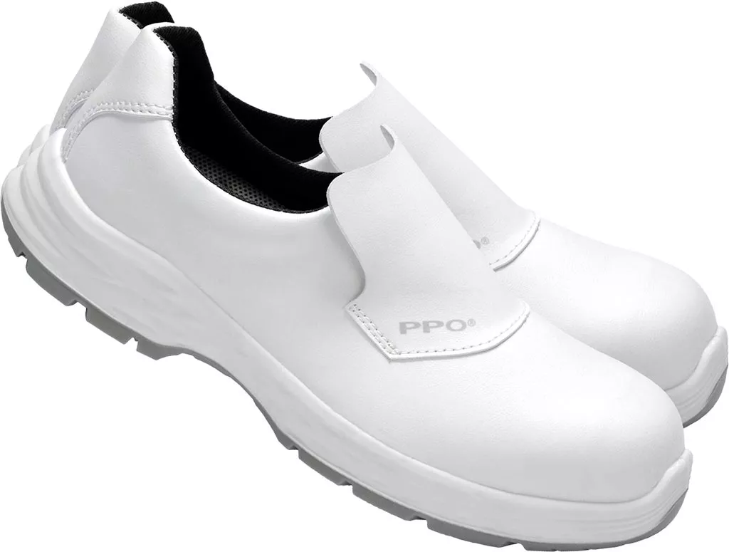 Buty robocze mikrofibra PPOPWSX4 S2, bezpieczne, z podnoskiem z włókna szklanego, białe, pełne, z cholewką zabezpieczającą i antypoślizgową podeszwą.
