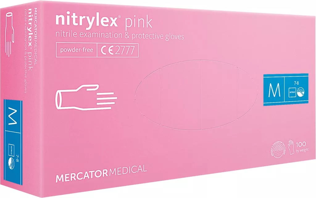 Opakowanie rękawic nitrylowych Nitrylex® Pink, marki Mercator Medical. Rękawice koloru różowego, rozmiar M, 100 sztuk w opakowaniu. Produkt bezpudrowy, jednorazowy.