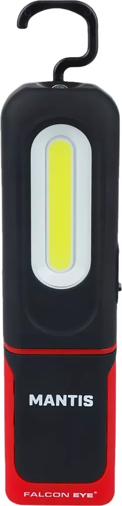 Latarka warsztatowa MacTronic MANTIS, panel LED COB, zasilanie USB, magnes do mocowania, hak do zawieszenia, kompaktowa, czarno-czerwona obudowa.