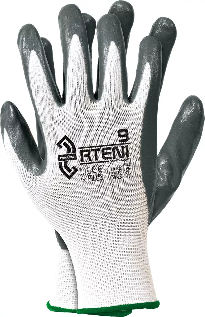 Rękawice robocze powlekane nitrylem smooth RTENI, rozmiar 9. Materiał: nylon/elastan, wykonane zgodnie z normą EN 388 (2 1 4 1), zapewniają ochronę i komfort pracy.