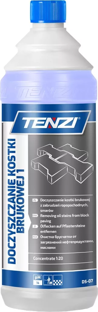 Butelka z preparatem do czyszczenia kostki brukowej Tenzi, pojemność 1 litr. Opakowanie jest białe z niebieskimi akcentami i opisem stosowania.
