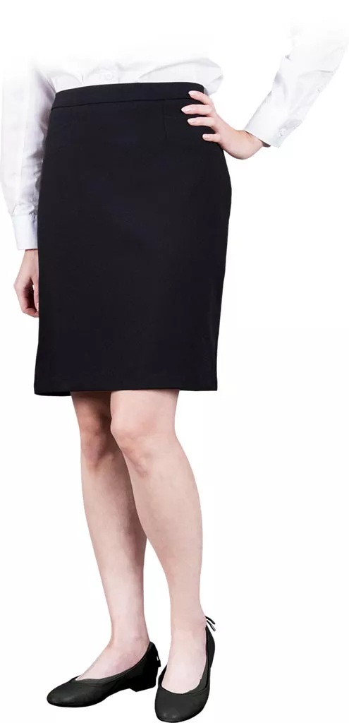Czarna, elegancka, uniwersalna spódnica VIVA o prostym kroju, sięgająca kolan, z bocznymi kieszeniami.