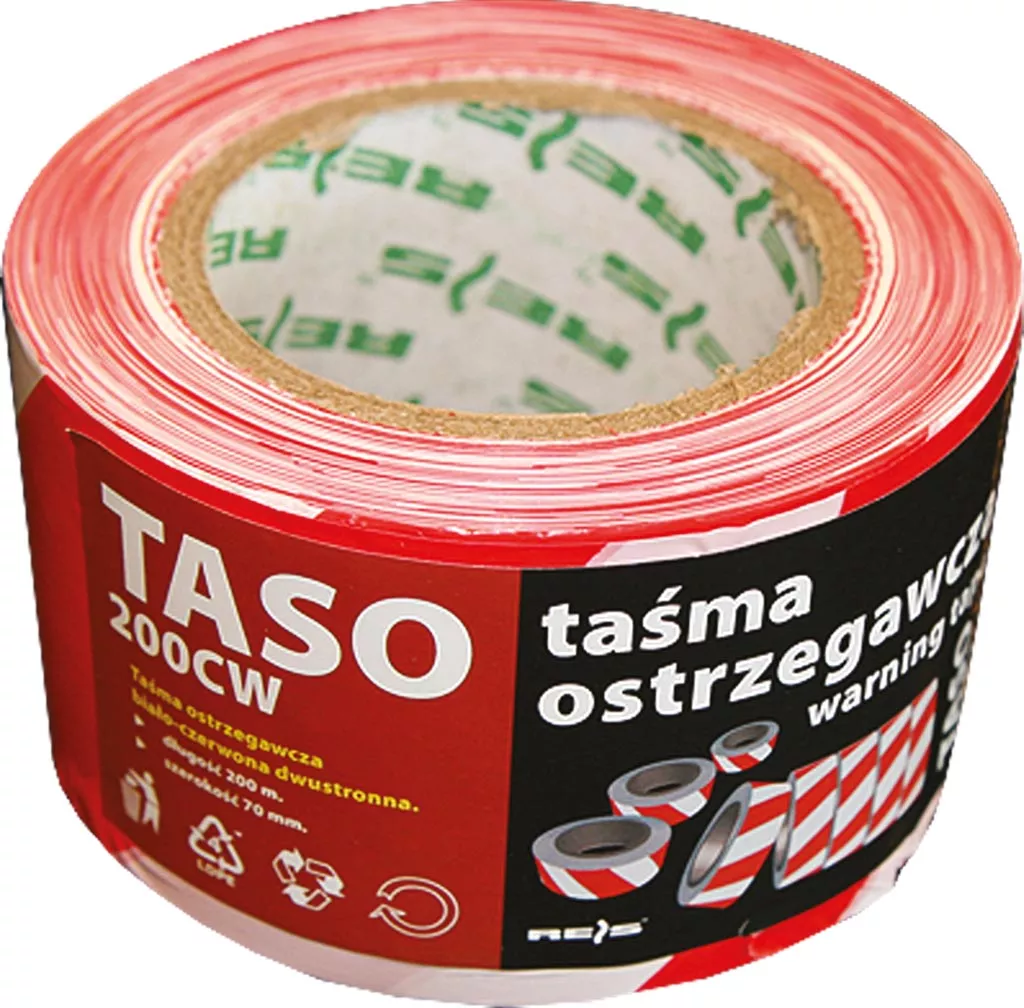 Taśma ostrzegawcza dwustronna w kolorach białym i czerwonym, długość 200 metrów. Produkt marki TASO, przeznaczony do oznaczania i ostrzegania.