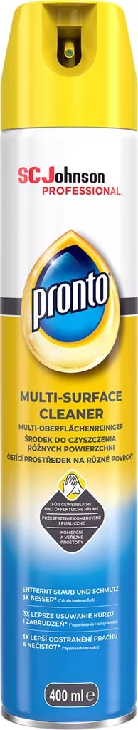 Pianka do mebli Pronto Multisurface Professional, typ 5 w 1, przeznaczona do różnych powierzchni. Opakowanie z aplikatorem spray.