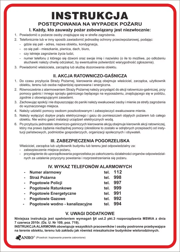 Instrukcja PPOŻ to czerwony plakat z wytycznymi postępowania na wypadek pożaru, zawierający informacje takie jak sposób ewakuacji, używanie środków gaśniczych i numery alarmowe.