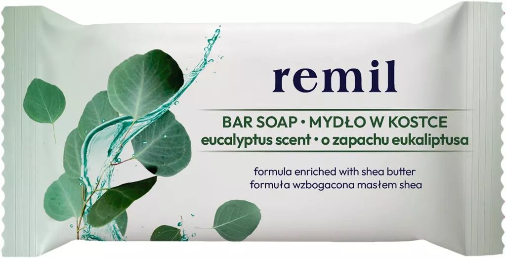 Mydło w kostce Remil o zapachu eukaliptusa, zawiera formułę wzbogaconą masłem shea. Produkt do mycia ciała z orzeźwiającym aromatem.