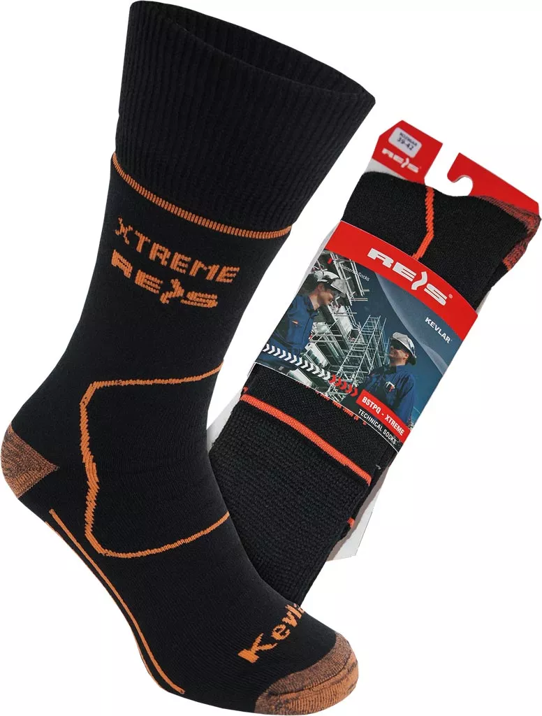 Skarpety termiczne merynos kevlar XTREME w kolorze czarnym z pomarańczowymi wstawkami, zaprojektowane dla podwyższonej wytrzymałości i ochrony stóp podczas intensywnego użytkowania.
