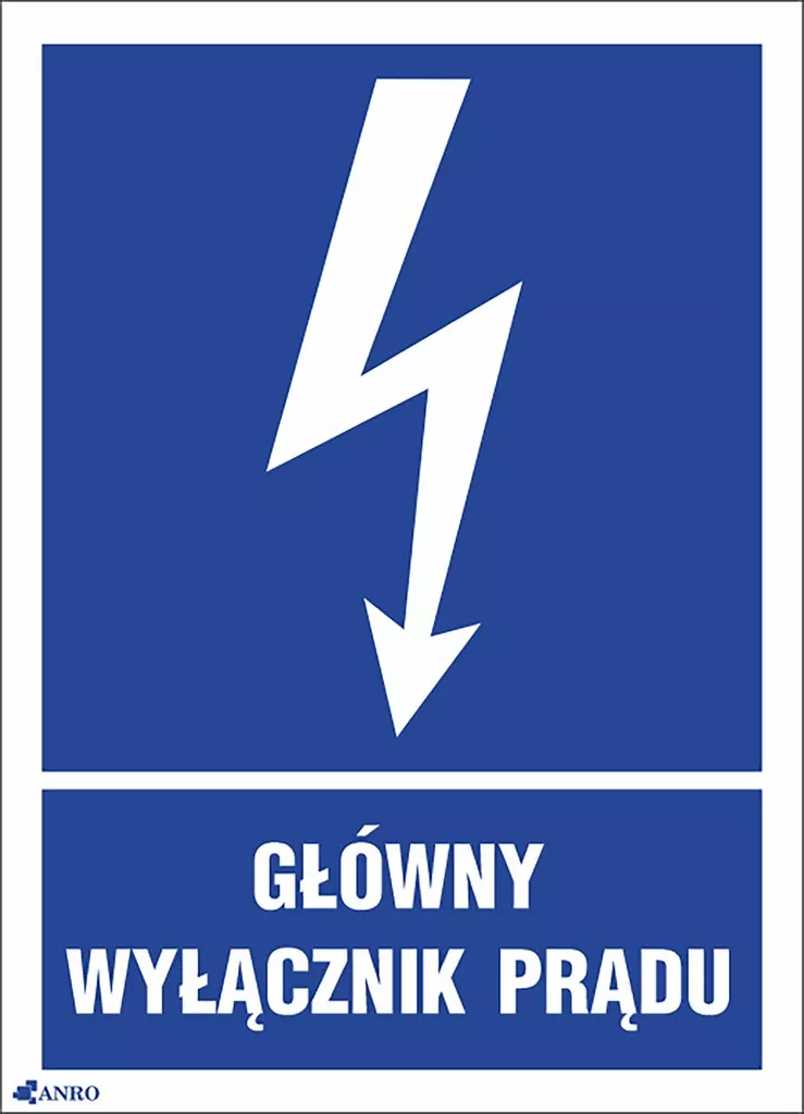 Znak elektryczny informujący o lokalizacji głównego wyłącznika prądu, z symbolem błyskawicy na niebieskim tle i napisem „GŁÓWNY WYŁĄCZNIK PRĄDU” w białych literach.