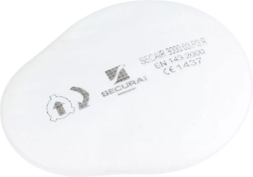 Biały, owalny filtr powietrza marki SECAIR, model 3000. Na filtrze widoczne oznaczenia: numer modelu S-303-2018-09 oraz normy EN 143/2000 i CE 1437.