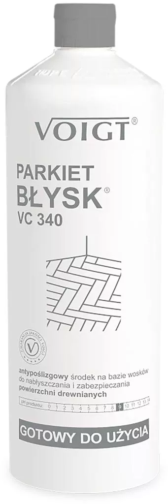 Antypoślizgowy środek do drewna VOIGT PARKIET BŁYSK VC 340, gotowy do użycia, zabezpiecza powierzchnie drewniane, zwiększając przyczepność i chroniąc parkiet. Pojemność: 1 litr.