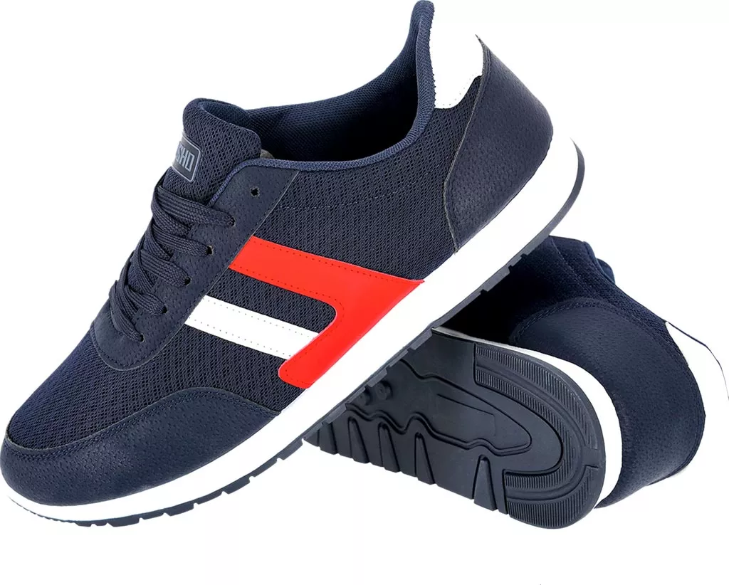Niebieskie lekkie buty sportowe FRED z białym i czerwonym detalem po boku, sznurowane, z białą podeszwą i profilowanym bieżnikiem.