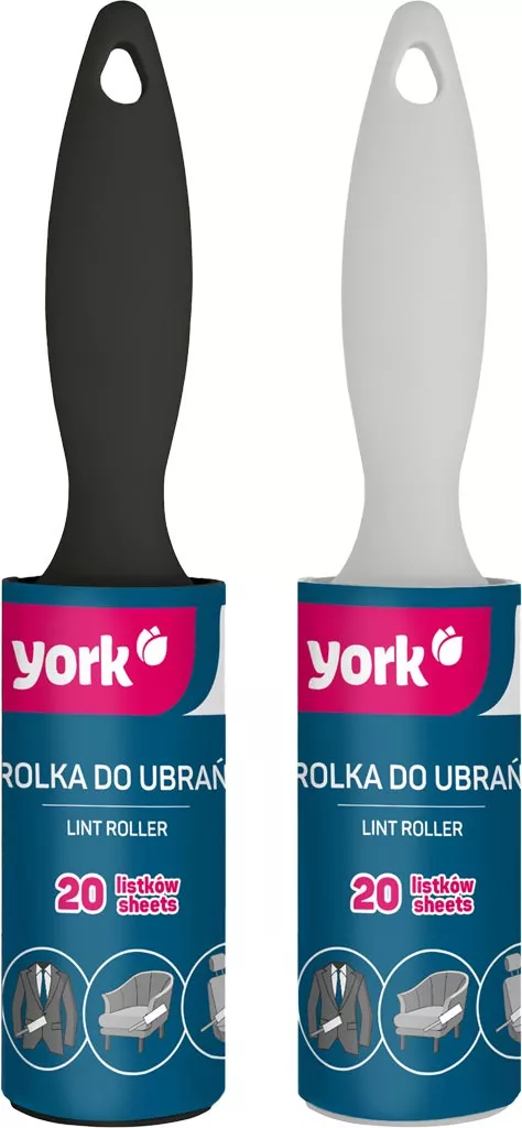 Rolki do ubrań marki York, jedna z czarną, a druga z białą rączką. Każda zawiera 20 arkuszy.