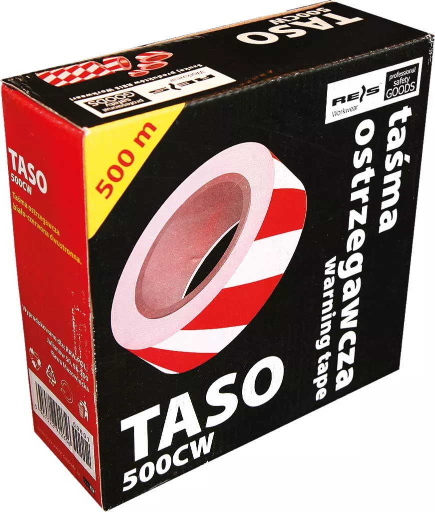 Taśma ostrzegawcza dwustronna biała-czerwona, długość 500 m, szerokość 75 mm, model Taso 500CW. Opakowanie kartonowe z grafiką taśmy i informacjami o produkcie.