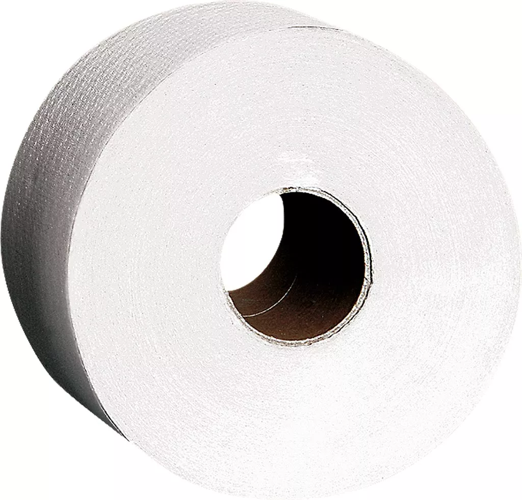 Papier toaletowy w białym kolorze, zwinięty w rolkę. Widoczne są drobne tekstury na papierze.