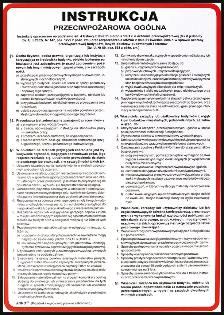 Instrukcja przeciwpożarowa ogólna, zamieszczona na plakacie w czerwonej ramce, zawierająca tekst w języku polskim uporządkowany w punktach.