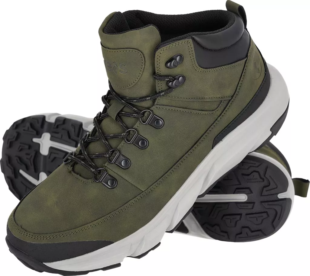 Buty trekkingowe męskie CAMINO w kolorze zielonym, trzewiki z wysoką cholewką, solidna podeszwa z bieżnikiem, sznurowane, przeznaczone do aktywności górskich i outdoorowych.