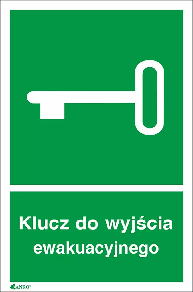 Znak ewakuacyjny przedstawiający ikonę klucza w kolorze białym na zielonym tle z opisem 