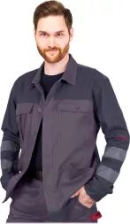 Bluza robocza katana odblaskowa BOMULL 100% bawełna, w kolorze stalowym, z odblaskowymi paskami na rękawach, zapinana na guziki z kieszeniami na piersi.