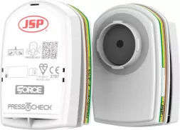 Filtr przeciwpyłowy PressToCheck ABEK1P3 wielokrotnego użytku, zapewnia ochronę przed gazami i pyłami, wyposażony w system kontroli stanu filtra. Marka JSP, model Force PressToCheck.