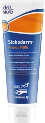 Opakowanie kremu do rąk Stokoderm Protect PURE w tubce. Kolorystyka: niebiesko-biała z pomarańczowym akcentem. Na opakowaniu znajdują się informacje o przeznaczeniu - ochronie skóry przed działaniem wody i substancji chemicznych.