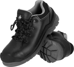 Męskie buty robocze BOLD z kevlarową skórą licową, wkładką i kompozytowym podnoskiem, norma S1P, czarne, sznurowane, z solidną podeszwą antypoślizgową.