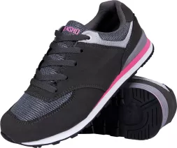 Damskie lekkie buty sportowe LADY w kolorze czarnym z szarymi i różowymi akcentami, wykonane z przewiewnego materiału, z solidną podeszwą zapewniającą komfort podczas aktywności.