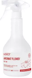 Odświeżacz powietrza Voigt AROMAT FLOWER VC 124 o zapachu kwiatowym, w białej butelce z rozpylaczem. Na etykiecie czerwone akcenty i informacja o ochronie biocidalnej.