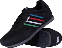 Czarne, lekkie buty sportowe uniseks DAILY z kolorowymi paskami po bokach. Podeszwa o dobrej przyczepności, sznurowane, wykonane z przewiewnego materiału. Idealne do codziennego użytku.