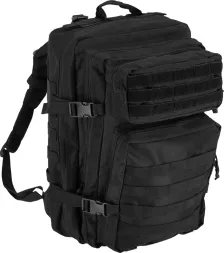 Czarny plecak taktyczny Tactical Guard HULSE o pojemności 33L z licznymi kieszeniami i systemem mocowania MOLLE, wykonany z wytrzymałego materiału, wyposażony w regulowane paski i uchwyt do przenoszenia.