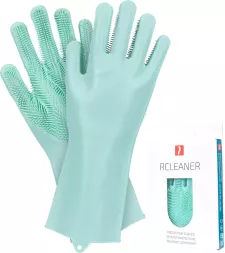 Rękawice silikonowe do czyszczenia RCLEANER w kolorze miętowym, z gumową powierzchnią ochronną i wypustkami na dłoniach dla lepszego chwytu. Idealne do mycia i sprzątania.