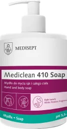 Mydło w płynie Mediclean 410 Soap do mycia rąk i całego ciała, o pH 3,5, bez parabenów i z delikatnym zapachem. Opakowanie z pompką do łatwego dozowania.