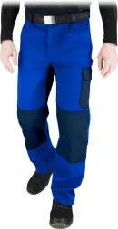 Niebieskie spodnie robocze BOMULL, wykonane w 100% z bawełny, z kieszeniami i wzmocnieniami na kolanach, zaprojektowane do pracy, do pasa.
