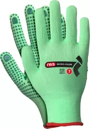 Rękawice robocze NYDO-COLOR nakrapiane PCV, rozmiar 7, zapewniają ochronę dłoni podczas pracy. Kolor zielony z czerwonym mankietem.