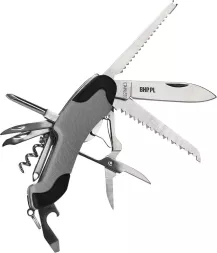 Scyzoryk wielofunkcyjny zawierający ostrze, piłę, korkociąg, otwieracz do butelek, przebijak oraz inne narzędzia. Obudowa metalowa z antypoślizgowymi wkładkami.