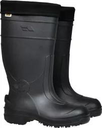 Buty bezpieczne, ocieplane, wysokie do połowy łydki, kolor czarny, z grubą, antypoślizgową podeszwą i wzmocnieniem na noskach.