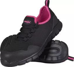 Damskie buty robocze NUT SB w kolorze czarnym z różowymi elementami, wyposażone w podnosek ochronny. Antypoślizgowa podeszwa i lekka konstrukcja zapewniają komfort i bezpieczeństwo pracy.
