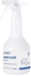 Butelka środka do mycia szyb NANO GLASS VC 176 marki Voigt. Pojemnik z rozpylaczem, kolor biały, z niebieskimi akcentami i grafiką przedstawiającą strukturę chemiczną. 