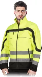 Softshell roboczy ostrzegawczy NEMO w kolorze żółtym z czarnymi wstawkami. Kurtka męska z wysokim kołnierzem, odblaskowymi pasami na rękawach i tułowiu oraz zamkami przy kieszeniach.