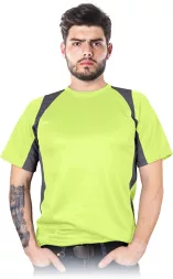 Męski T-shirt z siateczki w kolorze żółtym z czarnymi panelami na bokach i ramionach. Krótki rękaw, sportowy fason.
