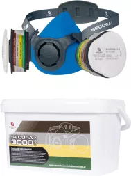 Zestaw zawiera maskę ochronną z niebiesko-czarną półmaską i podwójnymi filtrami oraz białe plastikowe opakowanie z opisem produktu.