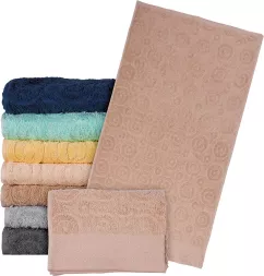 Ręcznik frotte 100% bawełna, gruby, beżowy, z delikatnym wzorem w kółka i kwiaty, rozmiar 50x90 cm, model EGYPT BE.