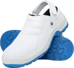 Sandały robocze FODREISBLUE SB z podnoskiem, zapinane na rzep. Buty bezpieczne, białe z niebieską, antypoślizgową podeszwą. Model FODREISBLUE-S.