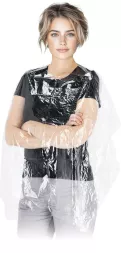 Peleryna ochronna jednorazowa, transparentna, typu CAPE FOL, wykonana z cienkiego tworzywa, zakładana na ubranie, zabezpieczająca przed zabrudzeniami.