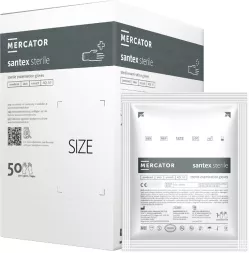 Sterylne rękawice lateksowe pudrowane santex®, opakowanie 50 par, produkt marki Mercator, dostępne różne rozmiary.